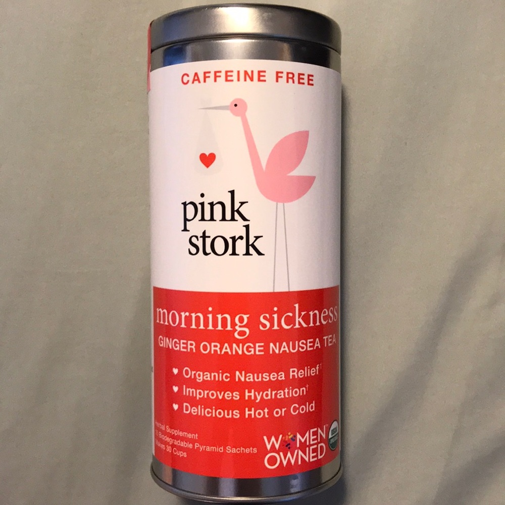 Brand new tin of Pink stork “morning sickness” tea